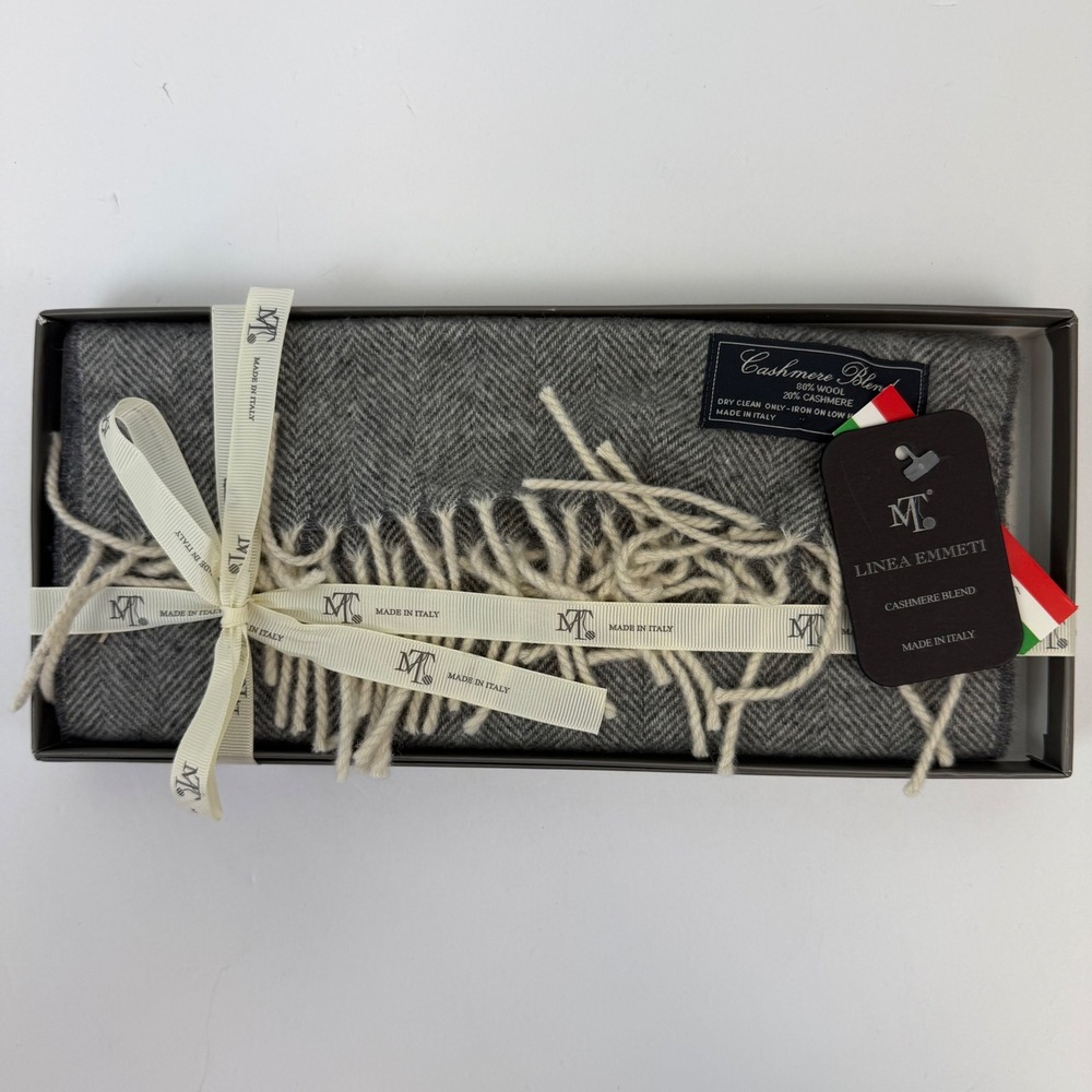 Linea Emmeti Cashmere Blend Scarf Made in Italy Grey Herringbone Wool NIB